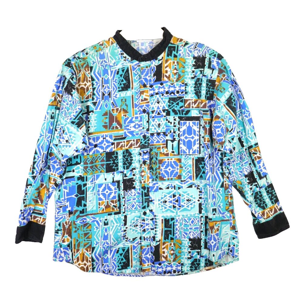 Cowboy’s Only Western Shirt Mens‎ XL Aztec Band Collar Long Sleeve Button Up USA